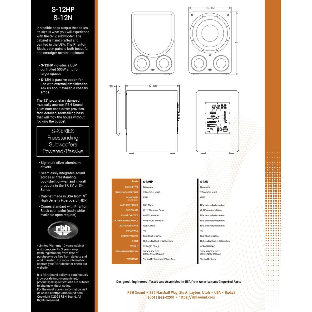 RBH S-12N 12" non-powered subwoofer - Dreamedia AV