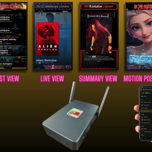 User interface displaying movie options, including classic lists, live views, and summaries, alongside a media device.