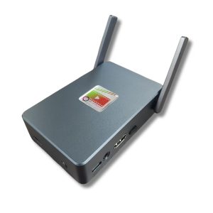 Compact wireless streaming device with antennas, ideal for enhancing home theater systems and audio setups.