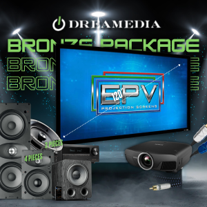 Showcasing Dreamedia's Bronze Package, featuring a projector, speakers, and projection screen for home theater setups.