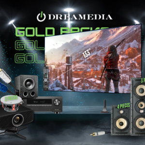 A showcase of premium audio-visual equipment, featuring a projector, speakers, and home theater system components.