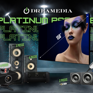 Showcasing Dreamedia's Platinum Package with a 150 screen, speakers, and a projector for an immersive home theater experience.