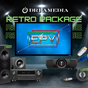 A retro home theater package featuring a projector, speakers, and accessories, showcasing Dreamedia's products.