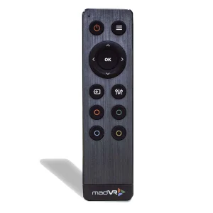 Remote control for madVR, featuring various buttons for easy navigation and settings adjustments in home audio systems.