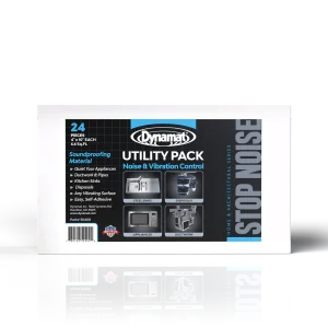 Dynamat Utility Pack for noise and vibration control, featuring 24 self-adhesive soundproofing pieces. Ideal for home use.