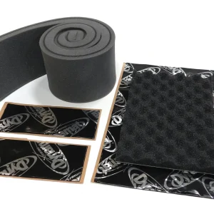 Acoustic treatment materials including foam panels and adhesive sheets for optimizing sound quality in home theaters.