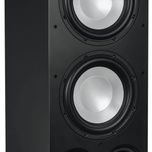 High-quality subwoofer with dual woofers and a sleek black design for powerful home theater sound.