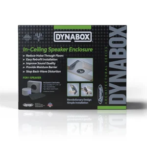 In-ceiling speaker enclosure packaging highlighting features like noise reduction and easy installation for enhanced sound quality.