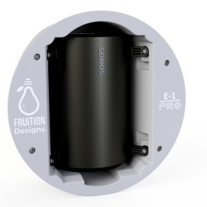 Sonos E-1 Pro speaker installed in a sleek wall-mounted enclosure by Fruition Designs for a modern audio setup.