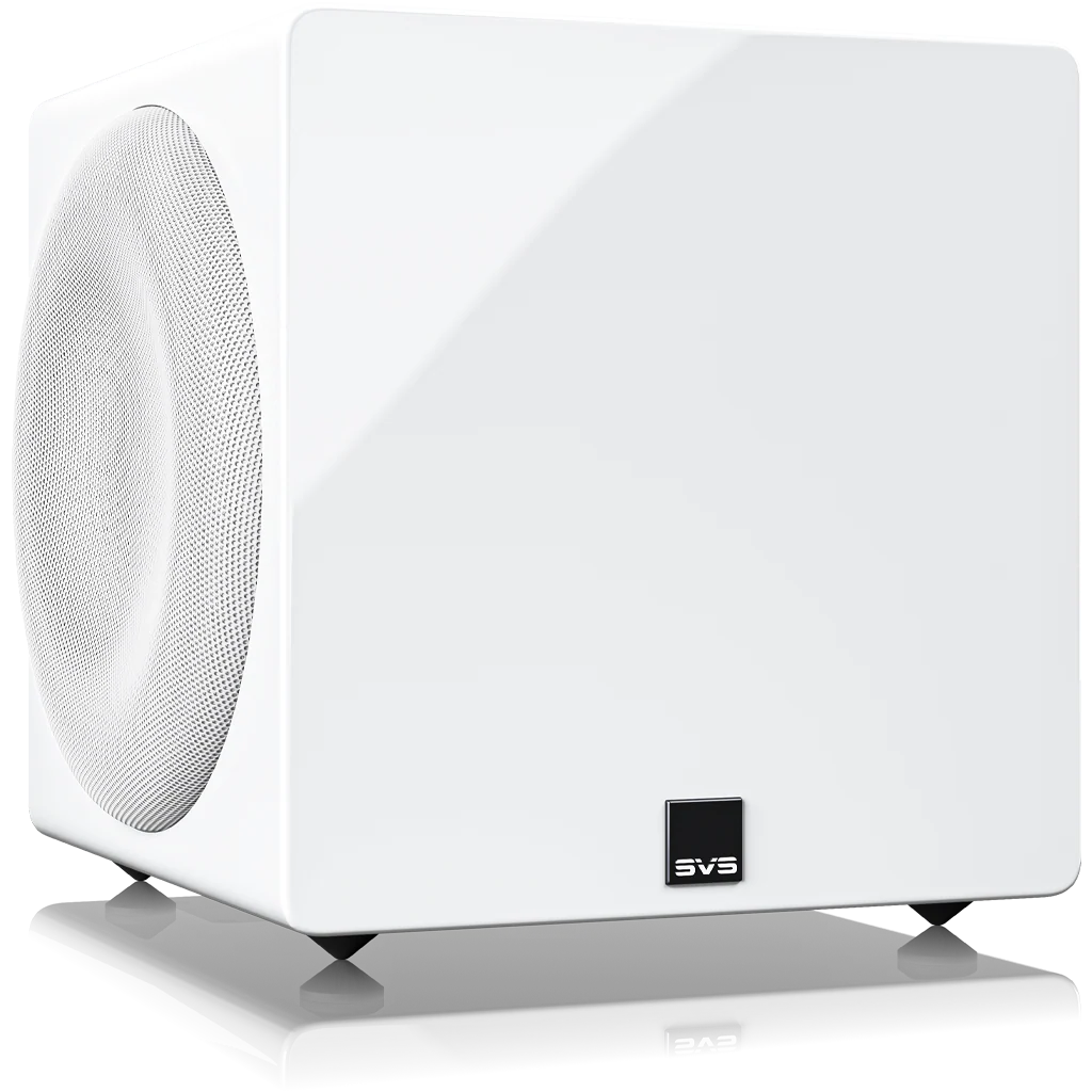 White SVS subwoofer prominently displayed, showcasing its sleek design and compact build for enhancing home audio experiences.