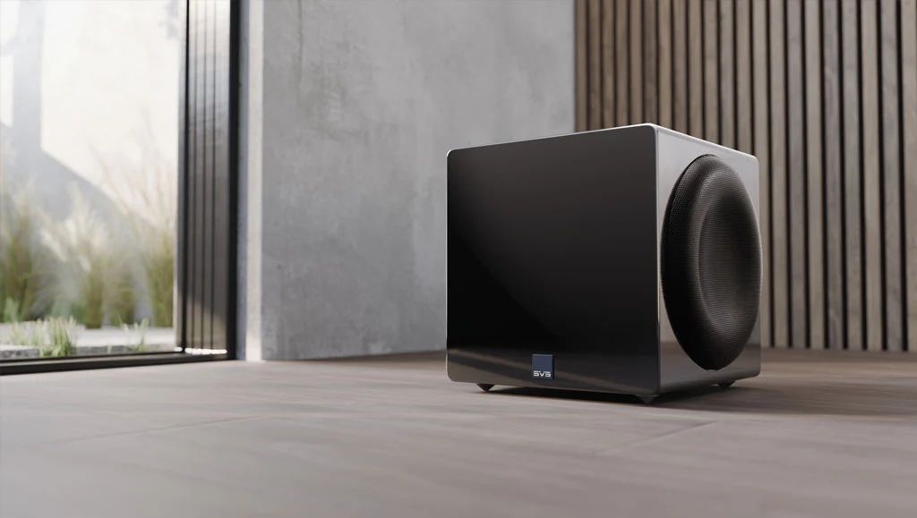 Stylish SVS subwoofer showcased in a modern home environment, perfect for enhancing audio experiences.