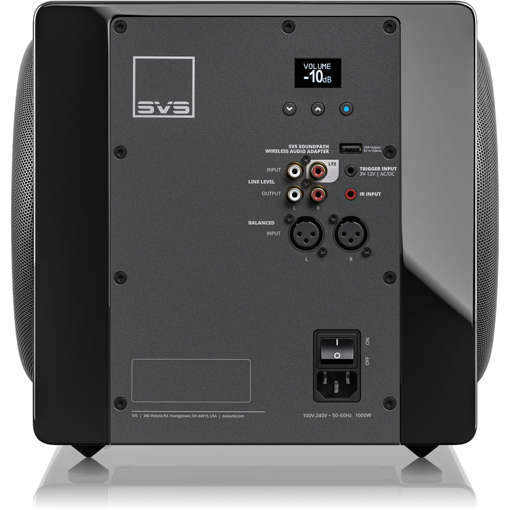 Back view of an SVS subwoofer showing connections and volume display, ideal for enhancing home theater audio.