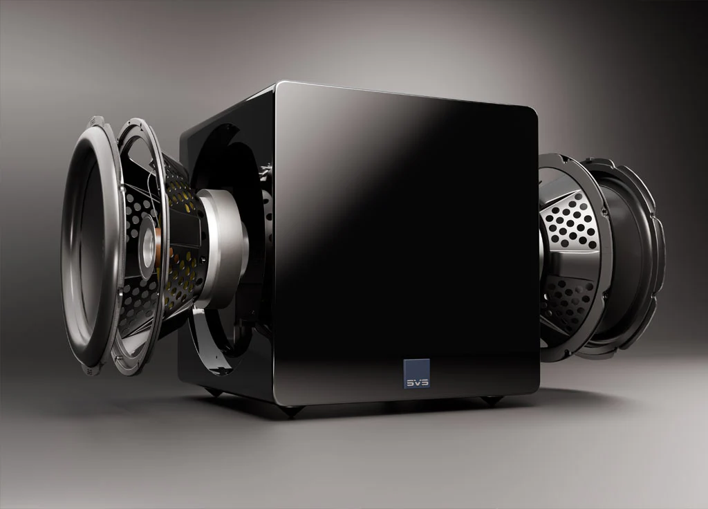 High-quality SVS subwoofer showcasing its sleek design and powerful speaker components, ideal for any home theater setup.