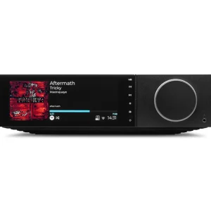 A sleek audio receiver displaying album artwork for Aftermath by Tricky, featuring modern control buttons.