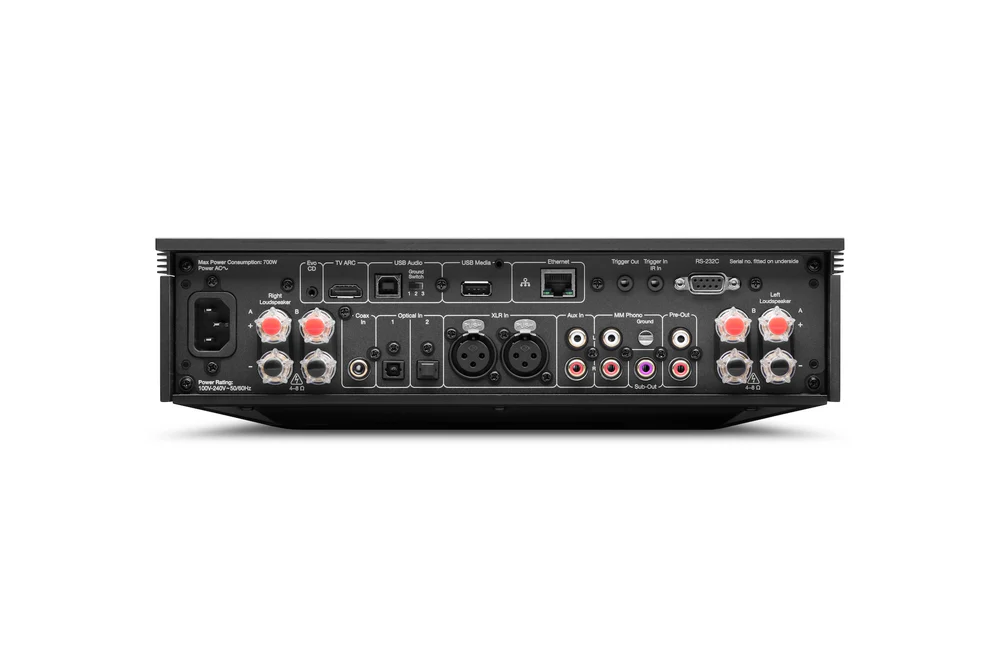 Back view of a home theater amplifier showcasing multiple audio input and output connections for a premium audio experience.
