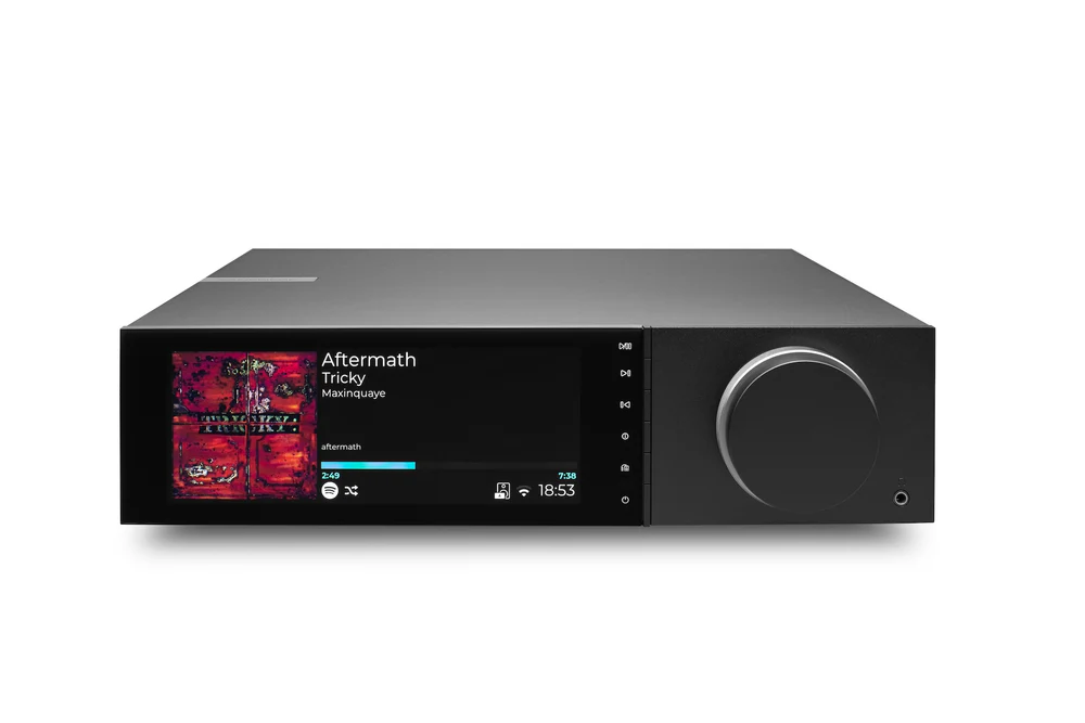 Sleek black audio device displaying the album Aftermath by Tricky, perfect for high-quality home audio systems.