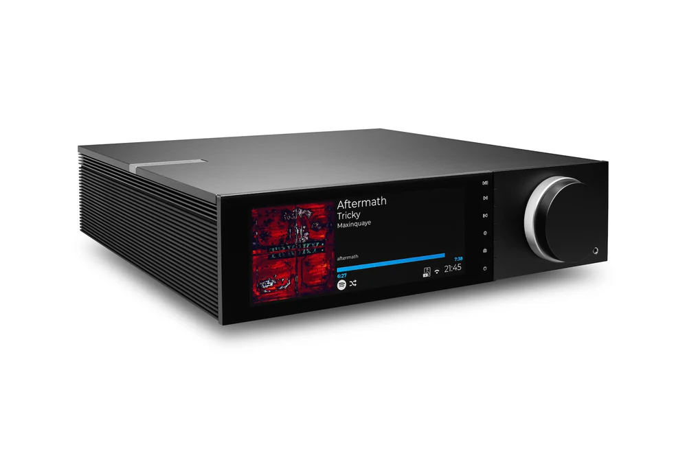 Sleek black audio amplifier with a digital display featuring album artwork, perfect for modern home theater setups.
