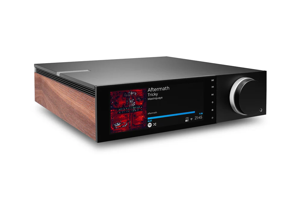 High-end audio device with a sleek design, featuring a display screen and control knob for music playback.