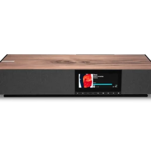 Sleek home audio system featuring a wooden top, touchscreen display, and modern design for high-quality sound.