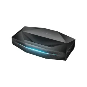 Sleek black projector with a modern design, featuring a glowing blue accent, ideal for immersive home theater setups.