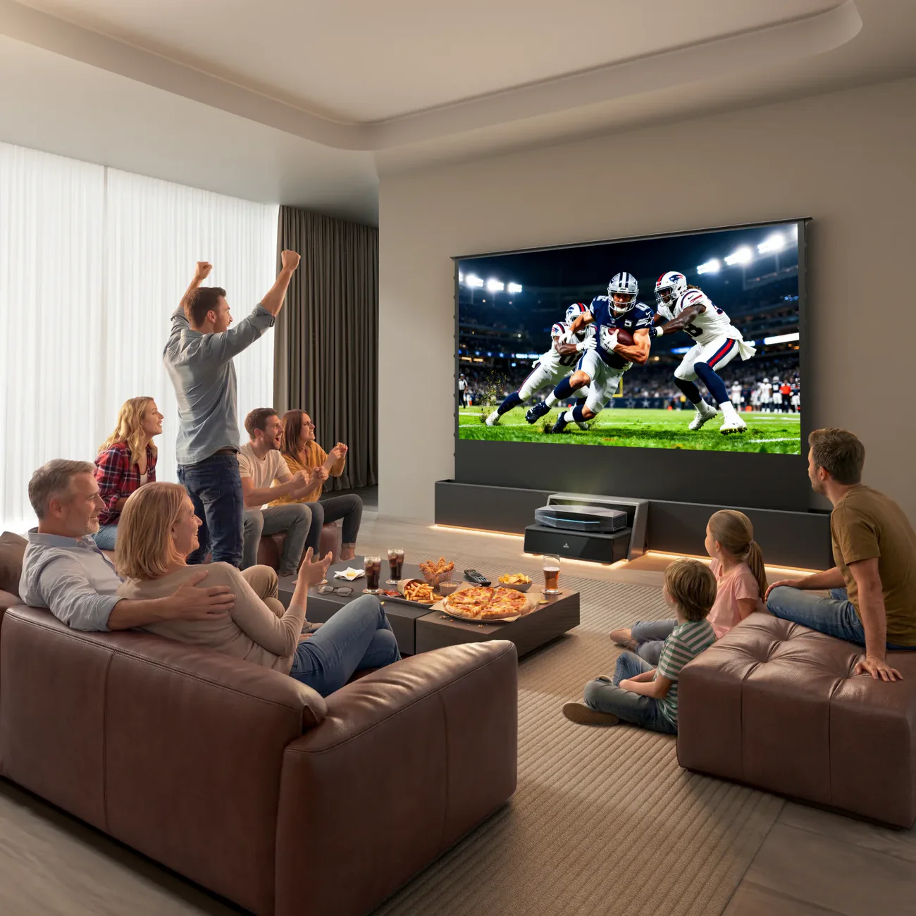A group of friends enjoying a sports game on a large screen in a cozy home theater setting with snacks and drinks.