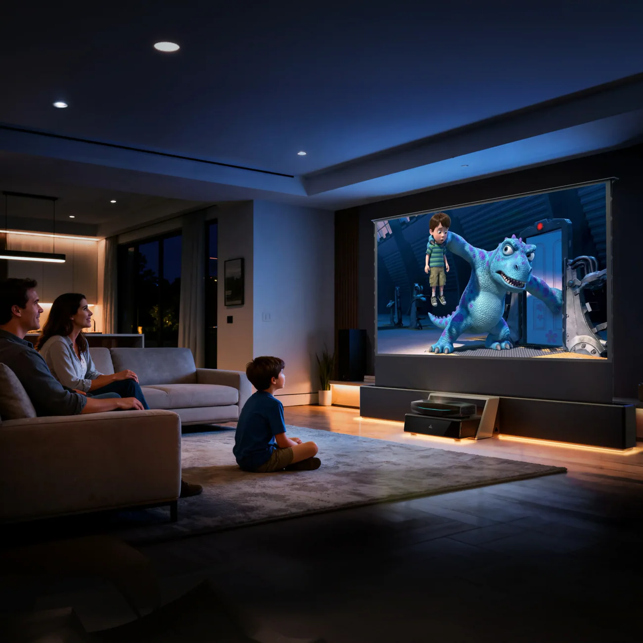 Family enjoying a movie night with a large screen in a modern home theater setup, featuring cozy seating and ambient lighting.