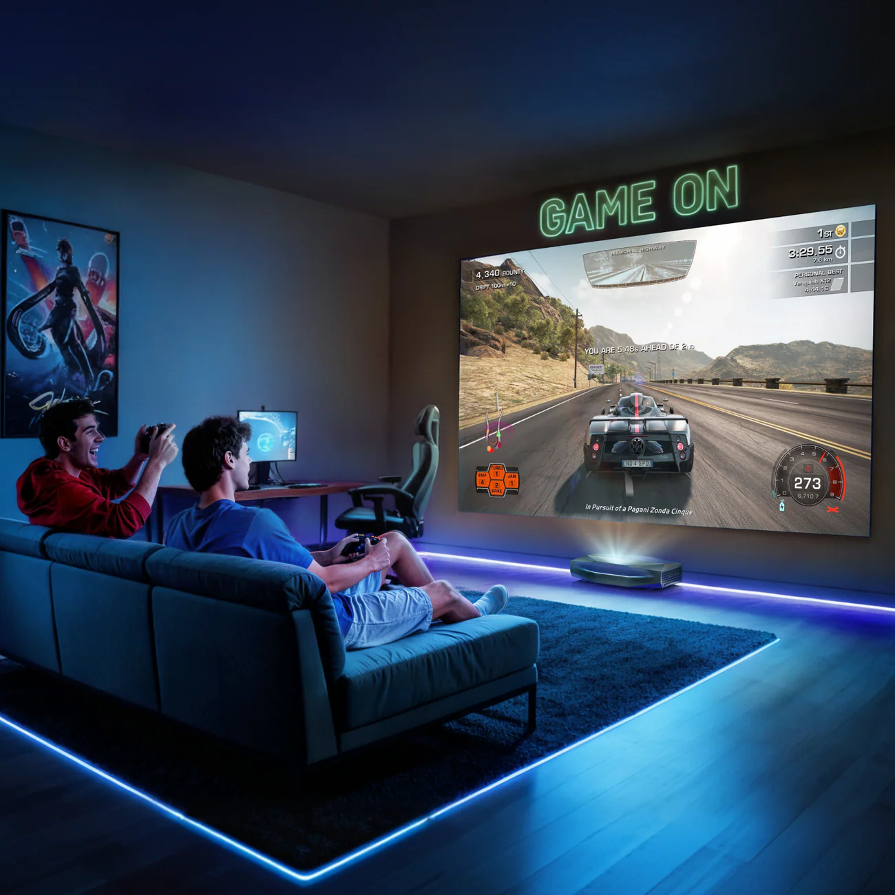Two friends gaming in a cozy home theater with ambient lighting and a large screen displaying a racing game.