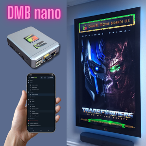 Hand holding a phone showing the DMB nano interface alongside a projector image of Transformers: Rise of the Beasts.
