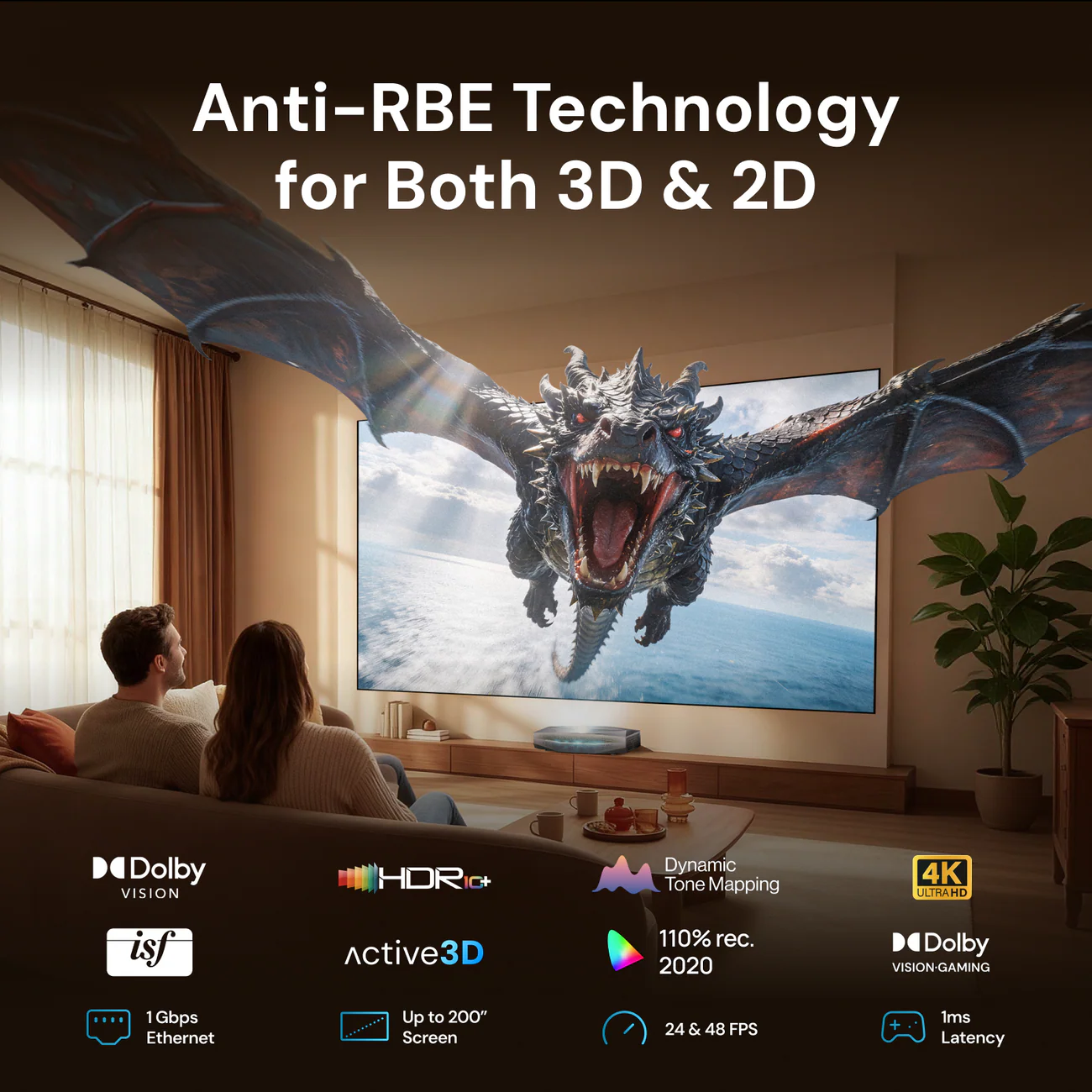 Couple enjoying a movie with Anti-RBE technology on a large screen, featuring stunning visuals in a cozy home theater setting.