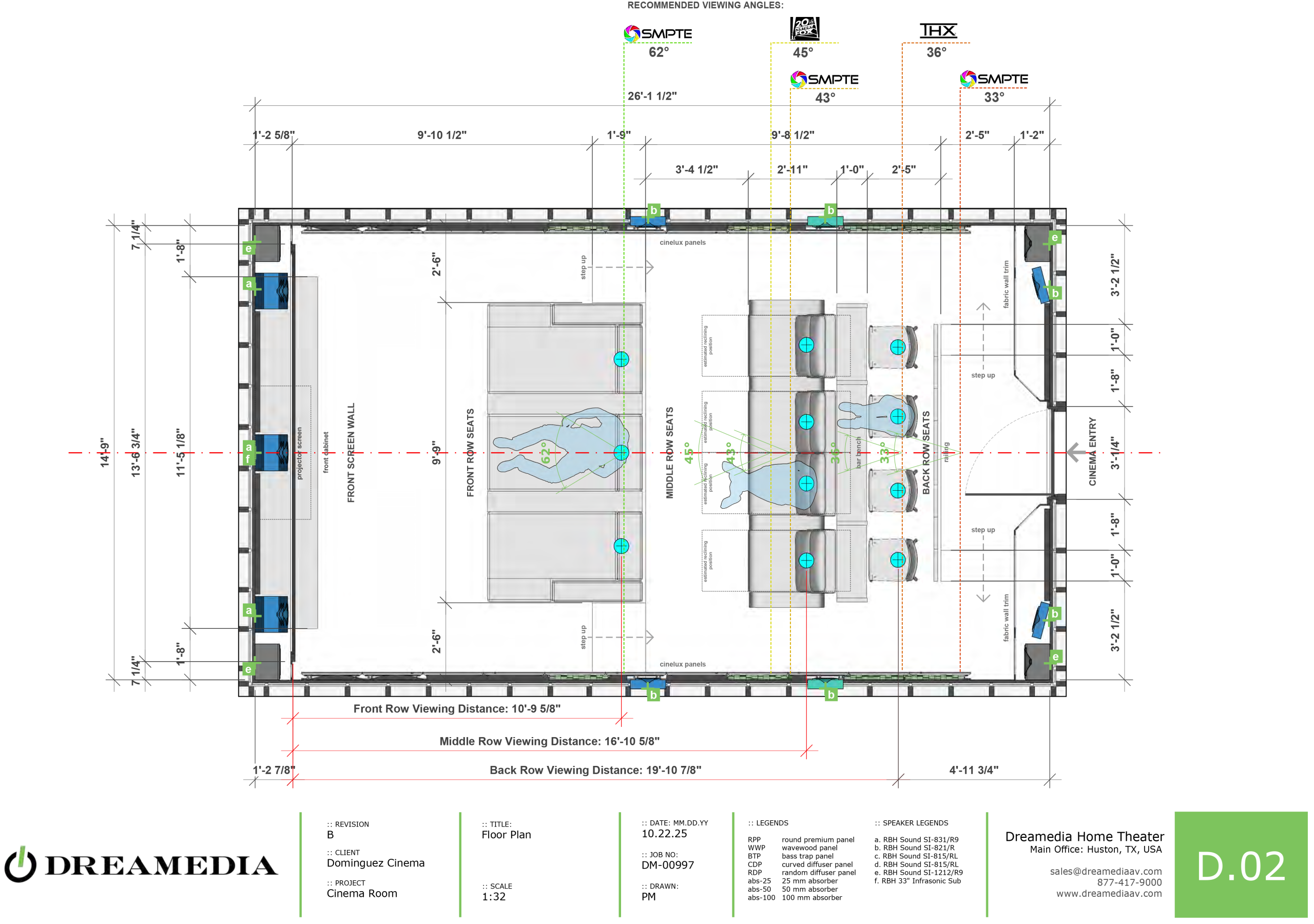 Home theater room design layout with seating positions and recommended viewing angles for optimal viewing experience.