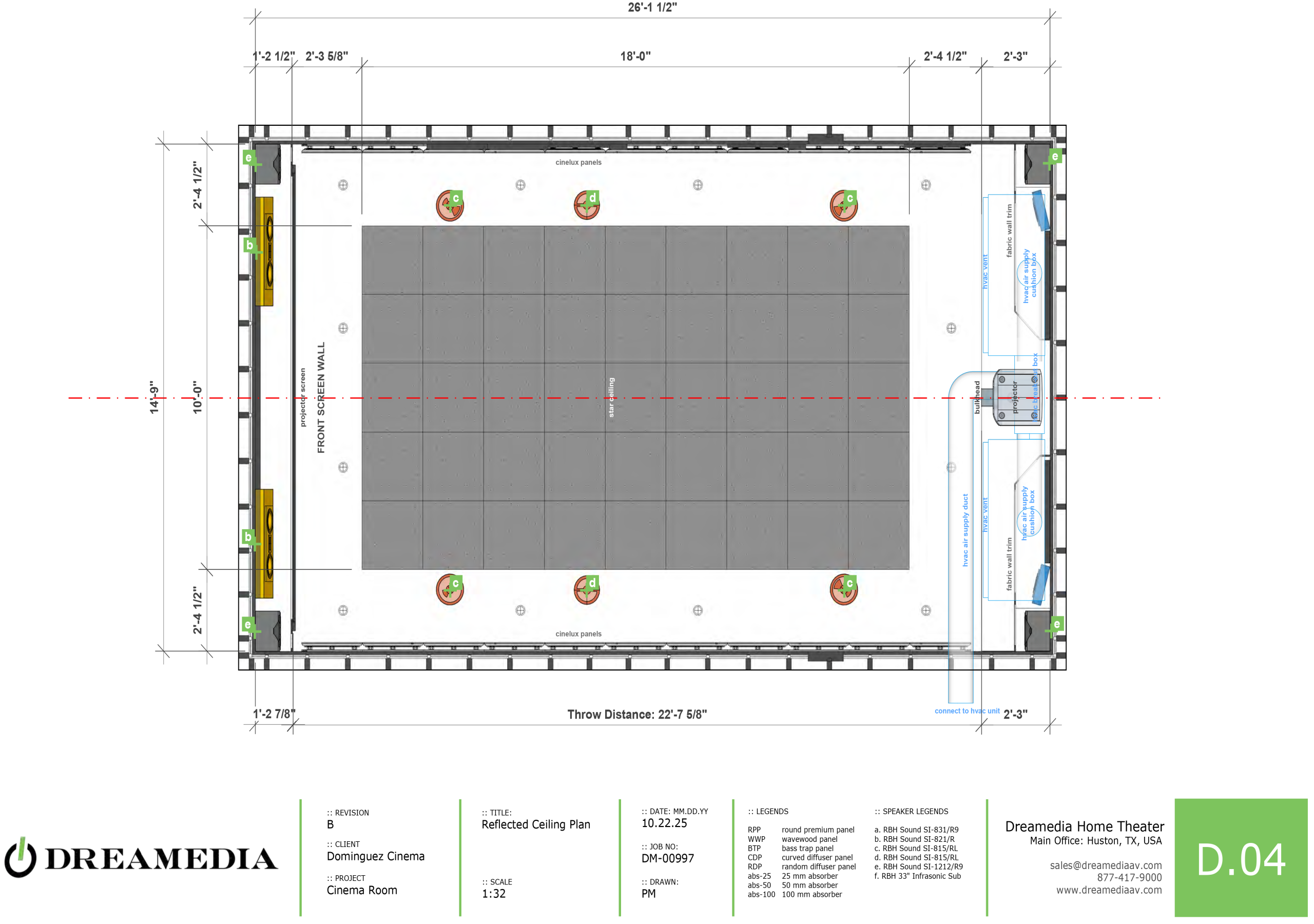 Blueprint layout of a home theater room featuring seating arrangements, screen wall, and acoustic panel placements.