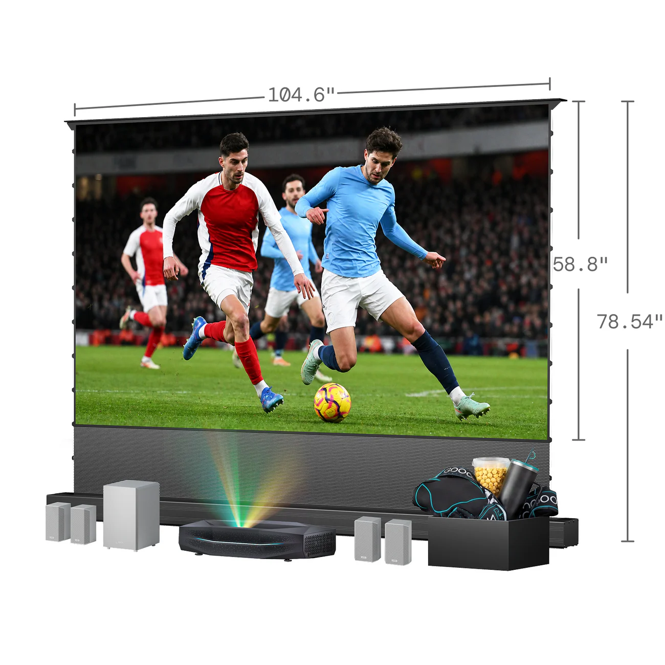 A large screen displaying a soccer match with audio equipment and snacks, showcasing an immersive home theater setup.