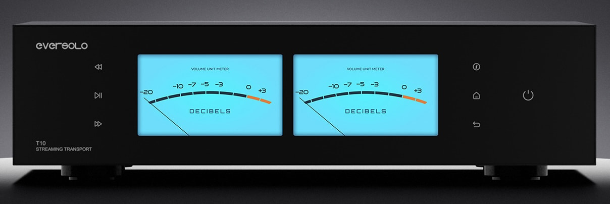 EverSolo T10 streaming transport with dual volume meters, featuring a sleek black design and modern controls.