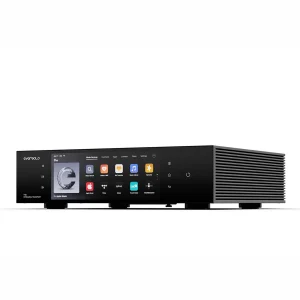 Stylish streaming transport with a touchscreen interface for home audio setup and music streaming services.