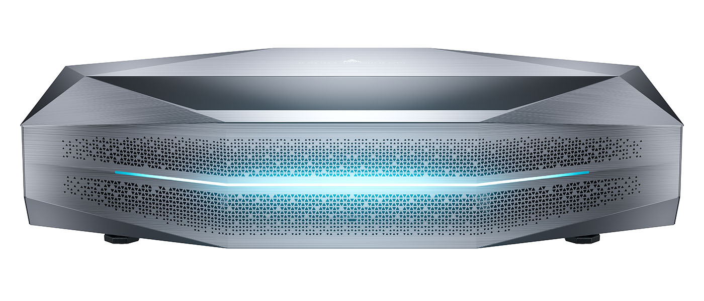 Sleek and modern ultra projector designed for luxury home theater setups, featuring unique geometric design elements.
