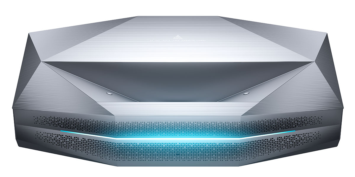 Sleek awol projector with geometric design and glowing accents, ideal for luxury home theaters and immersive viewing experiences.