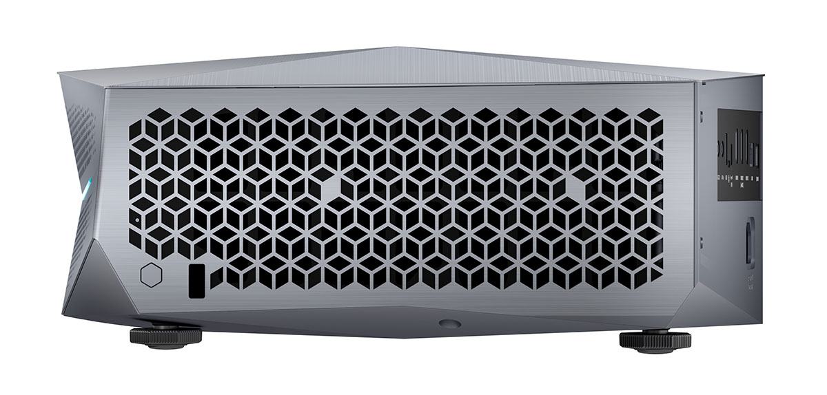 Stylish home theater projector featuring a honeycomb vent design for optimal cooling and performance.