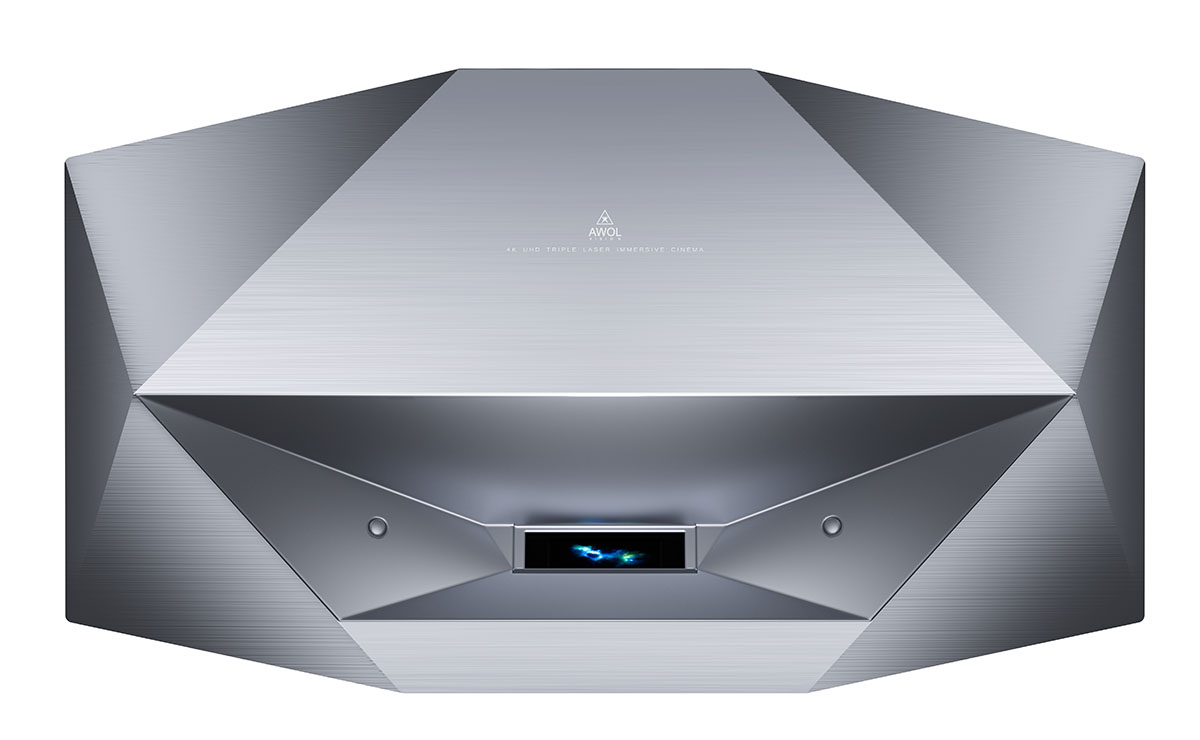 Stylish AWOL 4K ultra short throw projector with a sleek silver design for an immersive home theater experience.