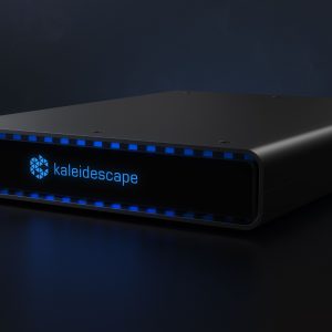 Kaleidescape media player with glowing blue accents, designed for premium home theater experiences.