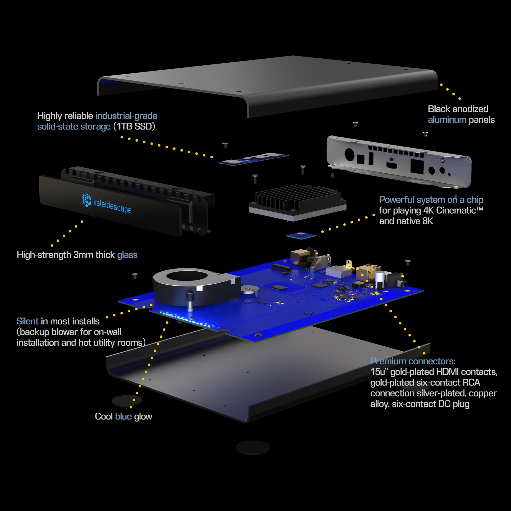 Exploded view of a high-performance media player showcasing components like SSD, robust glass, and premium connectors.