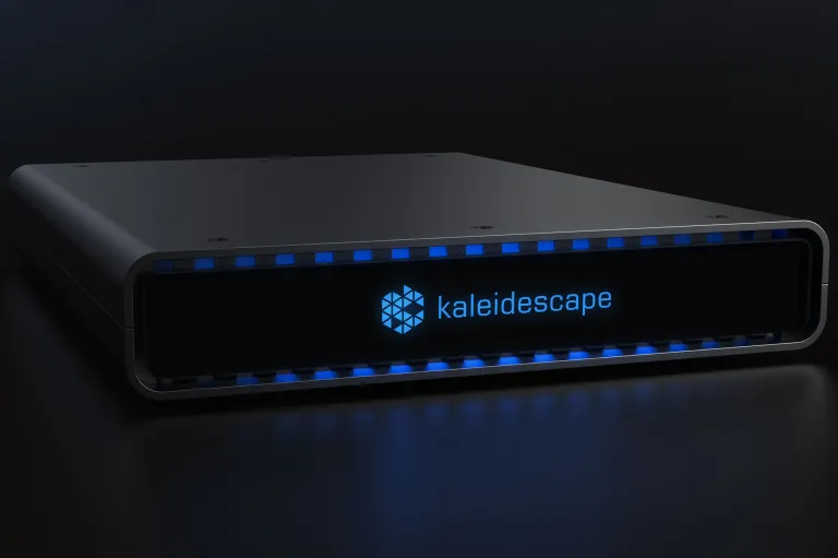 Kaleidescape media player with a sleek design and blue LED accents, ideal for home theater setups.