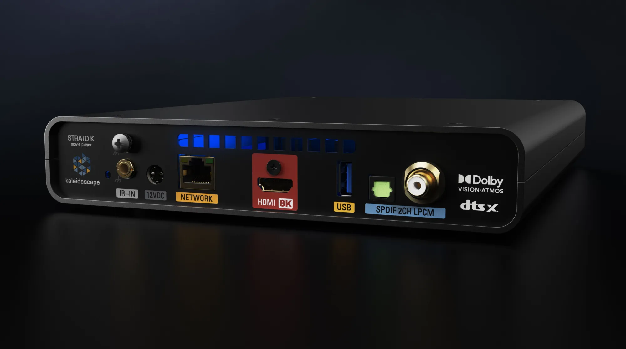 Kaleidescape Strato K movie player with HDMI 8K, Dolby Vision, and various audio connections for premium home theater setup.
