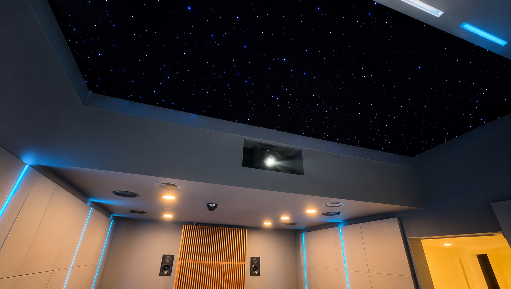 Luxury Home Theater Design with Fiber Optic Star Ceiling and Architectural Lighting