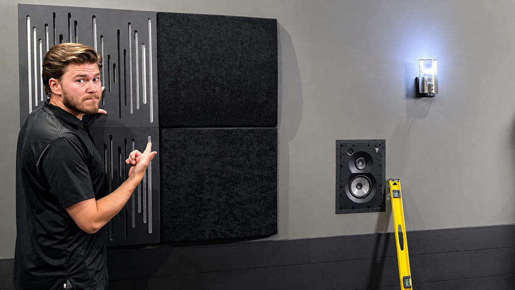 A technician showcases soundproofing panels and in-wall speakers in a home theater setup, emphasizing acoustic design.