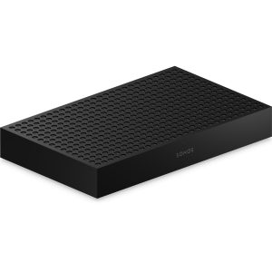 Sonos speaker with a sleek black design and perforated top, perfect for enhancing home audio systems.
