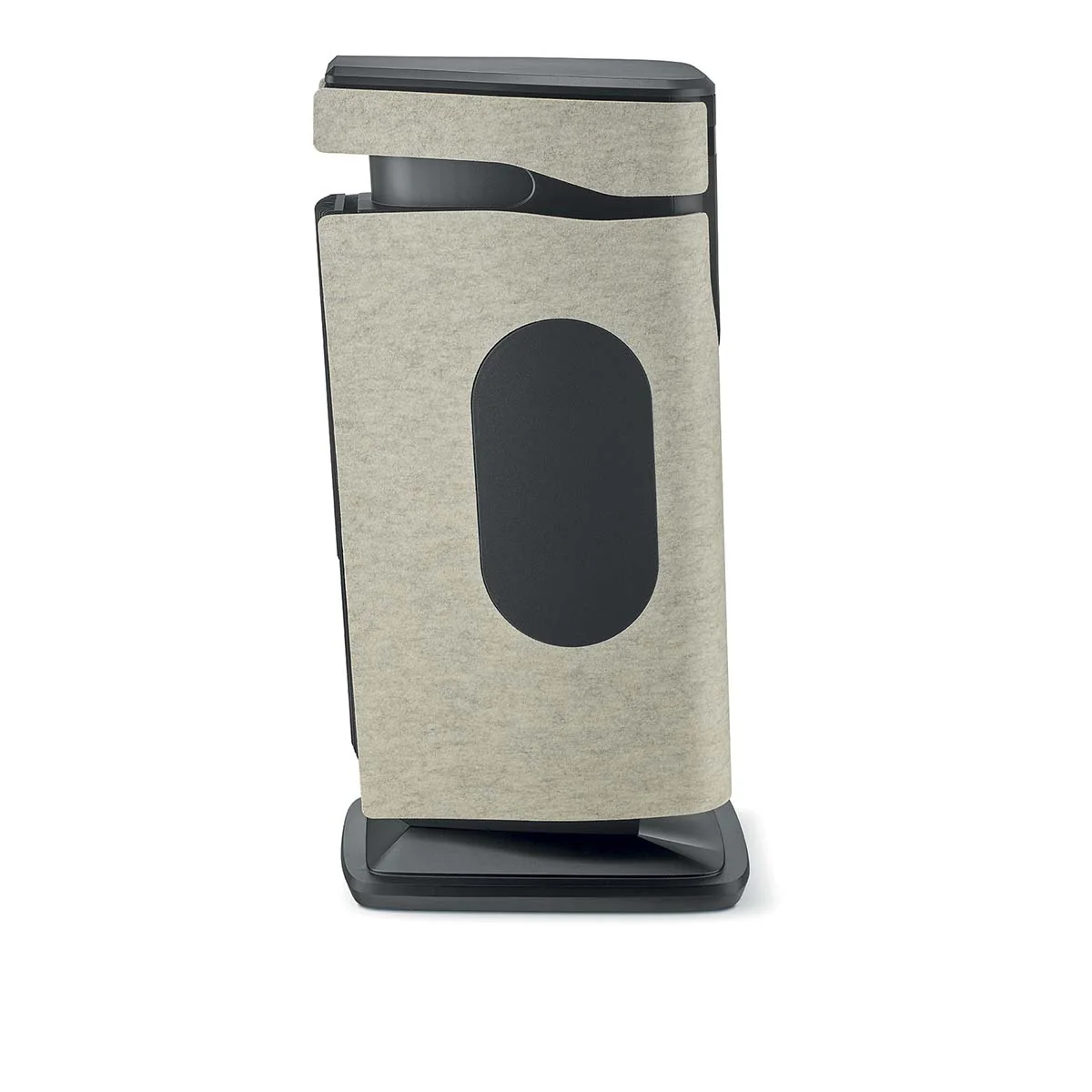 Sleek modern design of a stylish audio component with a fabric covering, perfect for contemporary home theaters.