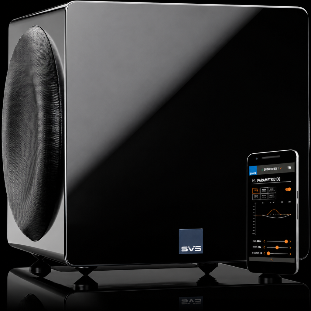 SVS 3000 Micro R|Evolution SVS subwoofer with a sleek design, showcasing a phone app for adjustable sound settings 