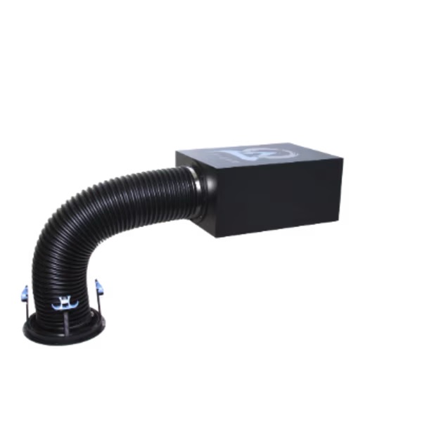 Flexible ducting with a black box end, ideal for connecting audio systems in home theaters for optimal sound delivery.