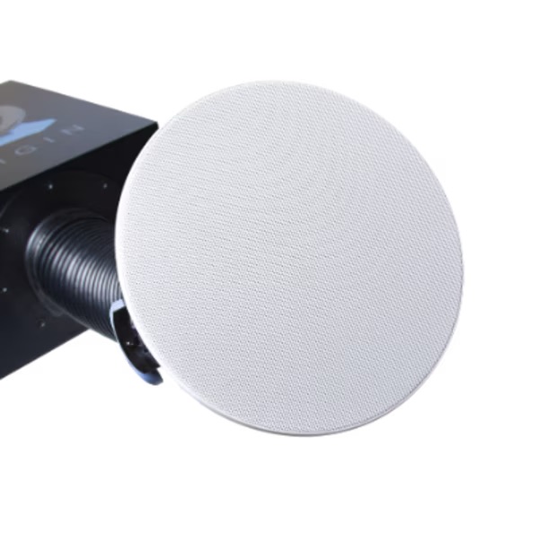 High-performance in-ceiling speaker showing a sleek, white grille, perfect for discreet luxury home theater audio installations.