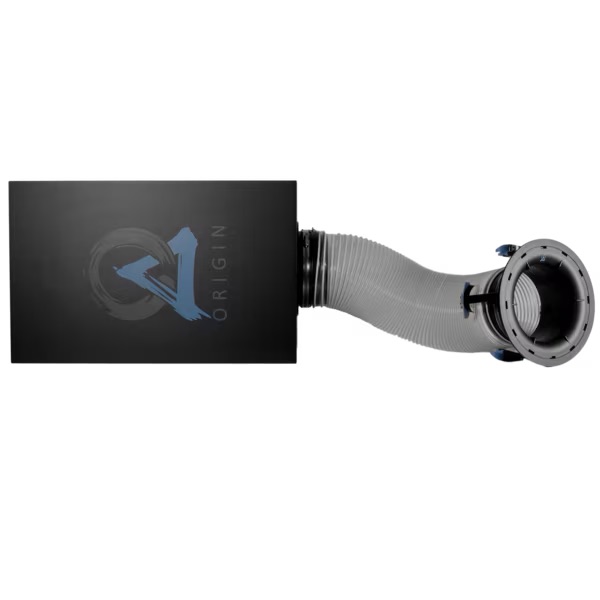Origin product featuring a sleek design, with a flexible duct connected, ideal for home theater integration.